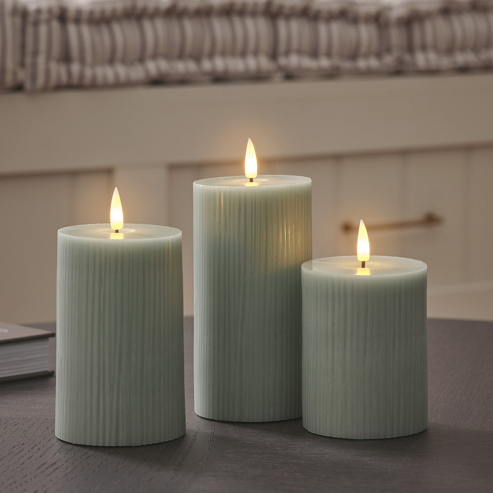TruGlow® Sage Green Ribbed LED Pillar Candle Trio with Remote Control