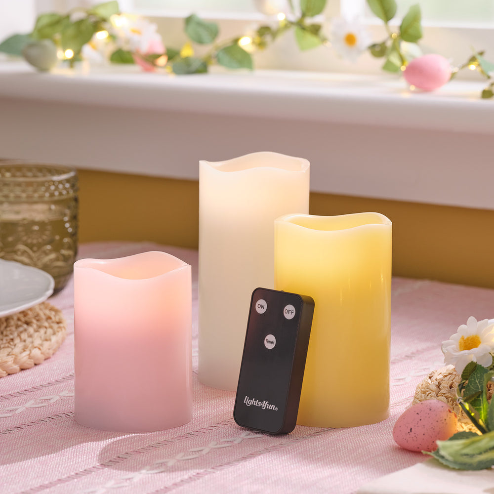 3 Pastel Wax Battery Operated LED Pillar Candles