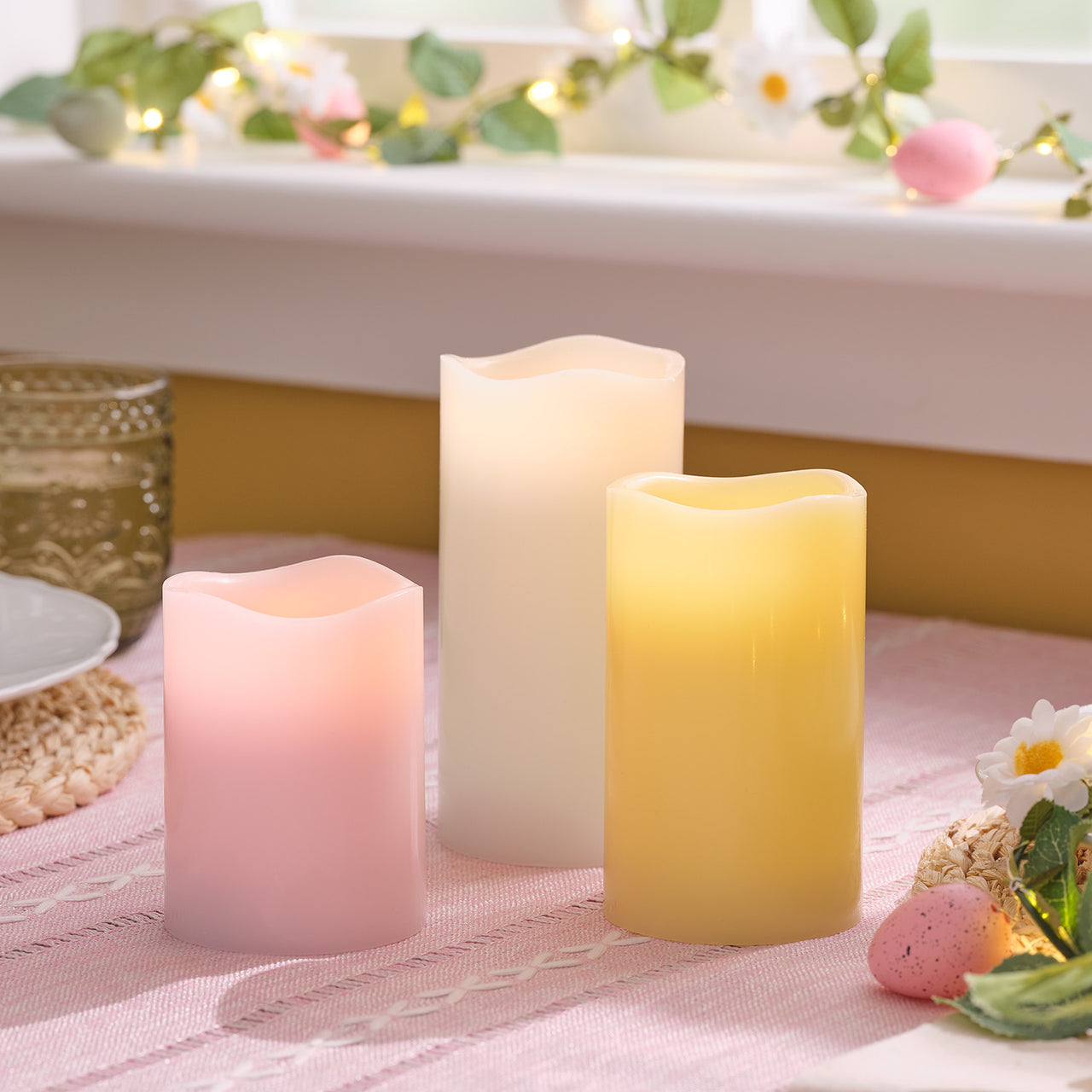 3 Pastel Wax Battery Operated LED Pillar Candles