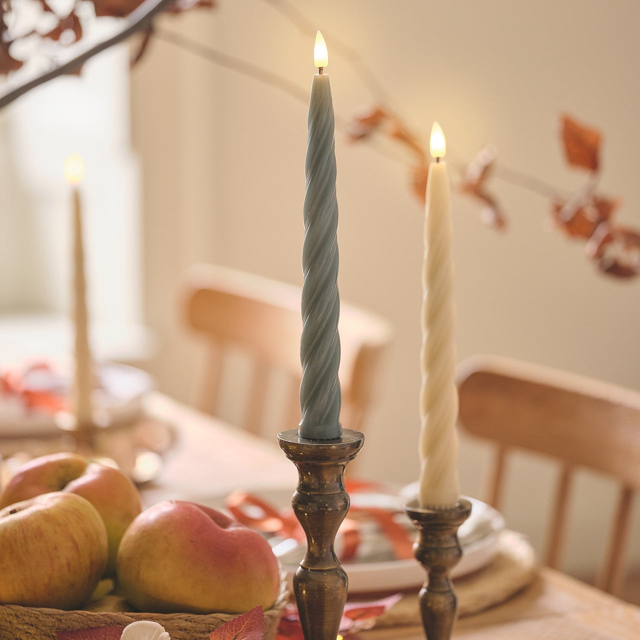 4 TruGlow® Cream and Dark Green Twisted LED Taper Candles with Remote Control