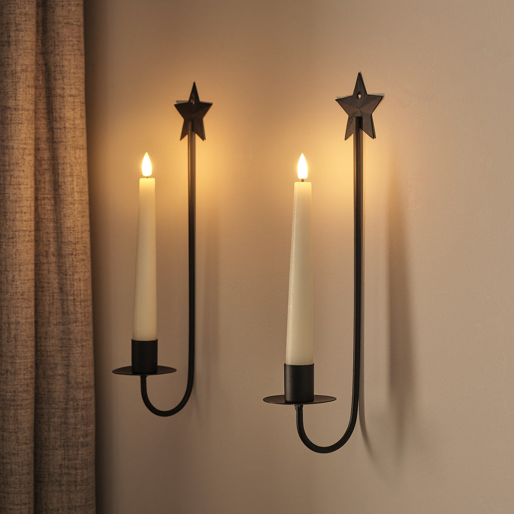 2 TruGlow® Ivory LED Taper Candles and Black Star Wall Sconces with Remote Control