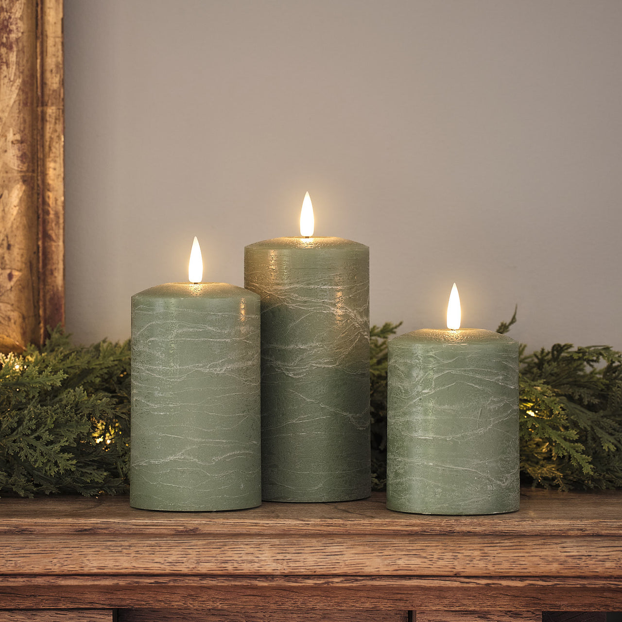 Christmas Conifer Candle Holder & TruGlow® Green Distressed Candle Trio