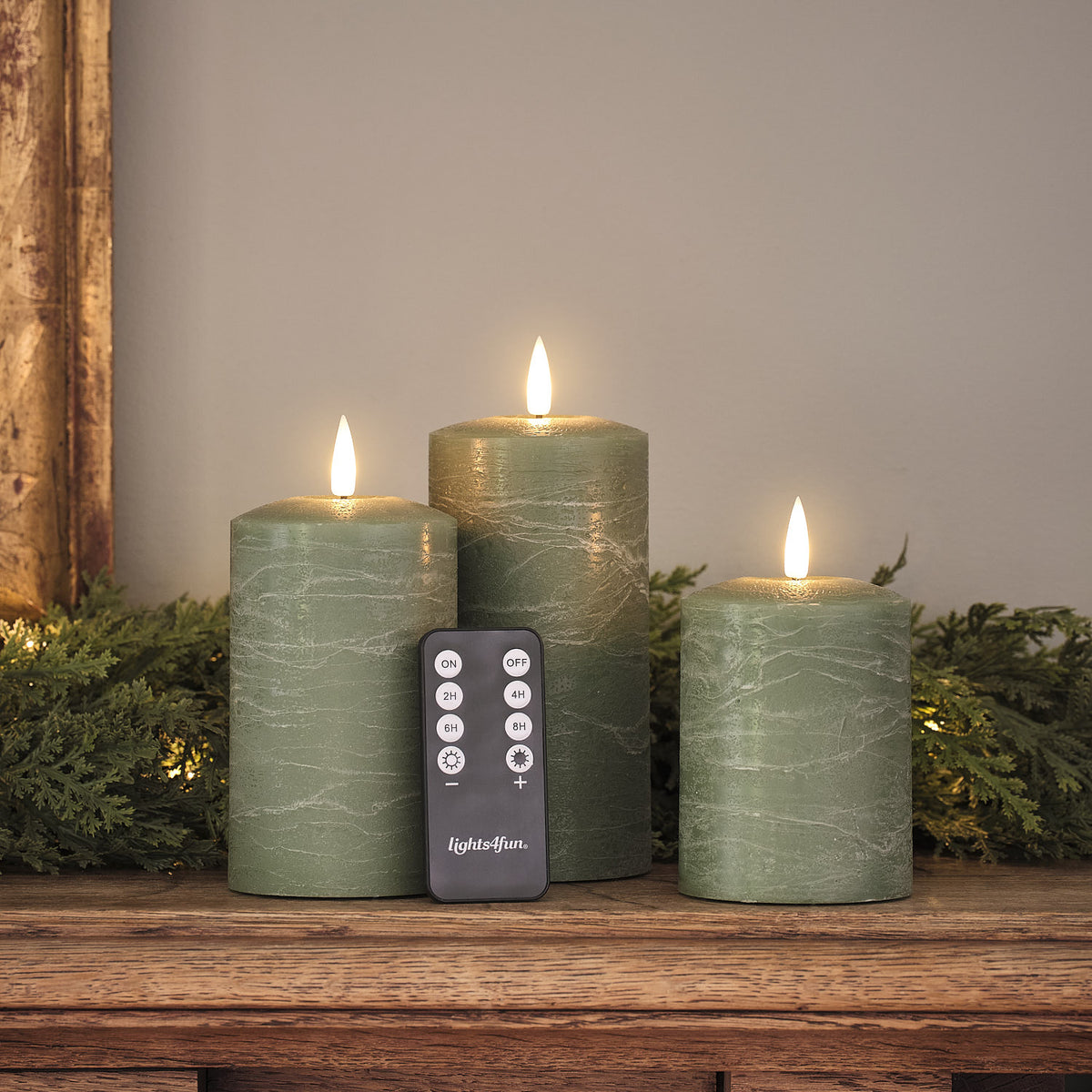 TruGlow® Green Distressed LED Pillar Candle Trio with Remote Control