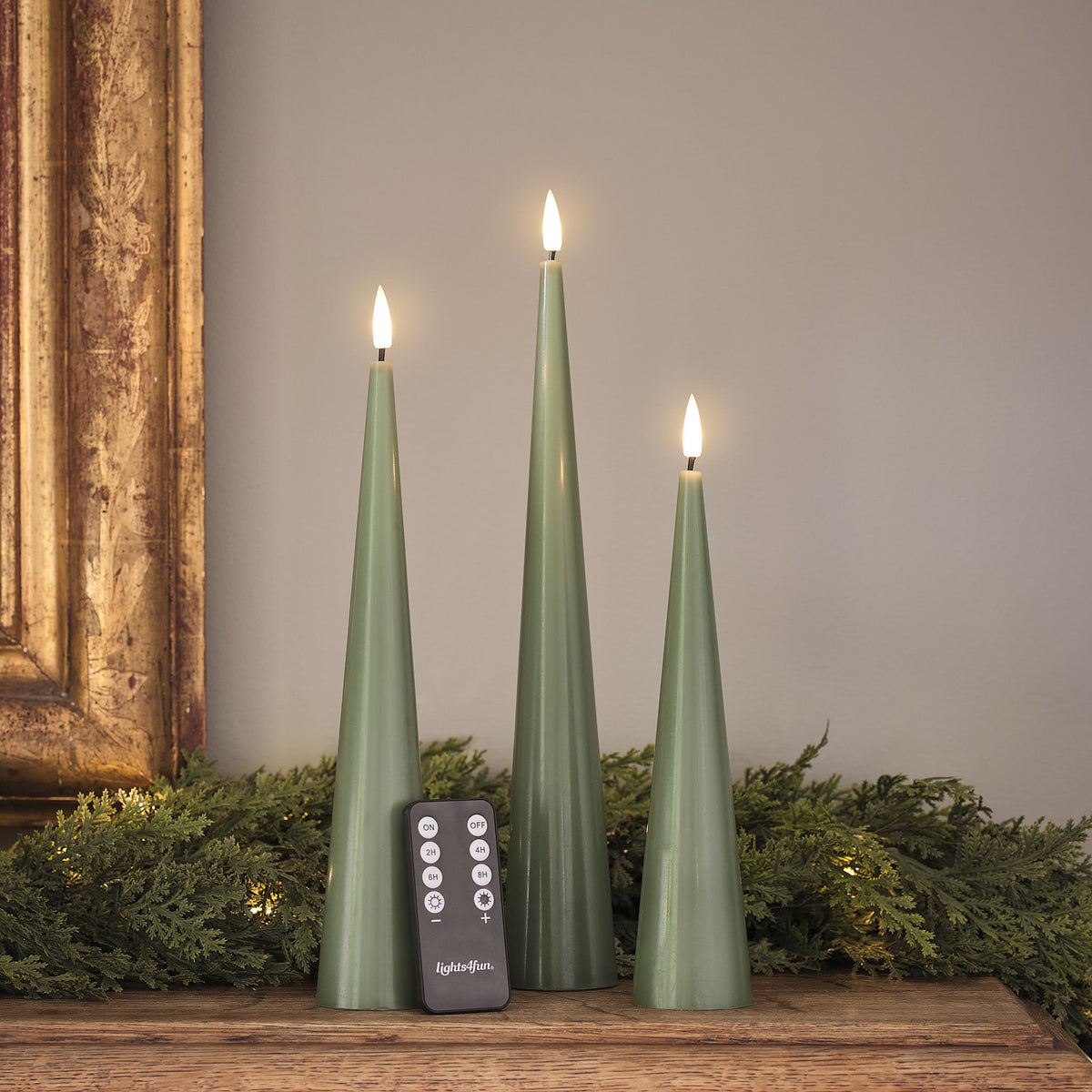 TruGlow® Green Slim Cone LED Candle Trio with Remote Control