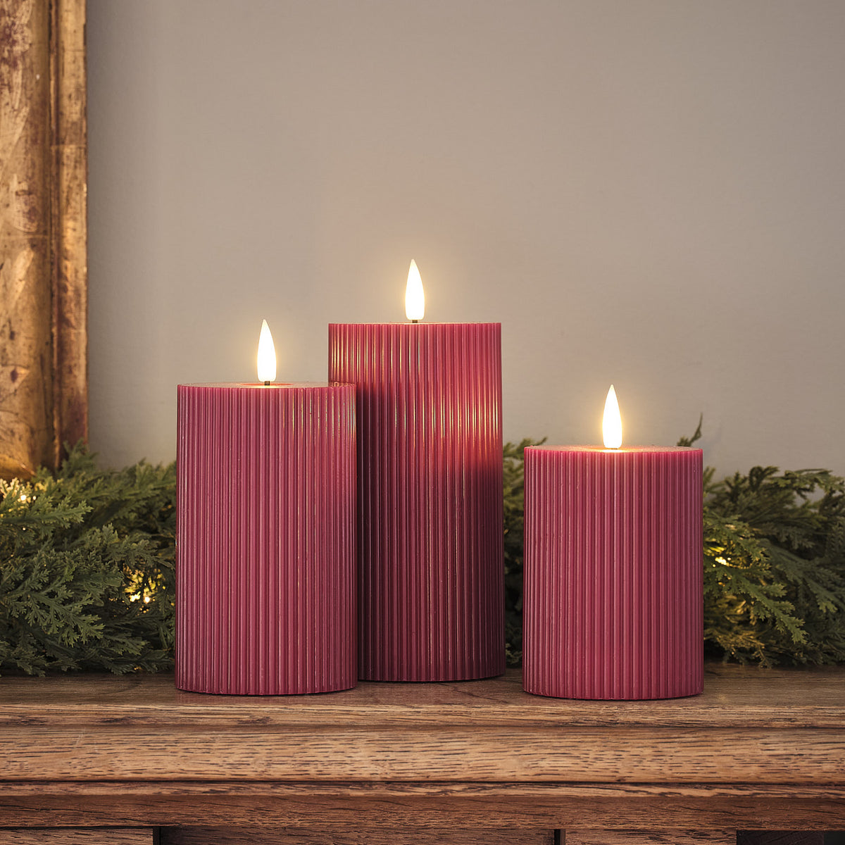 TruGlow® Plum Ribbed LED Pillar Candle Trio with Remote Control