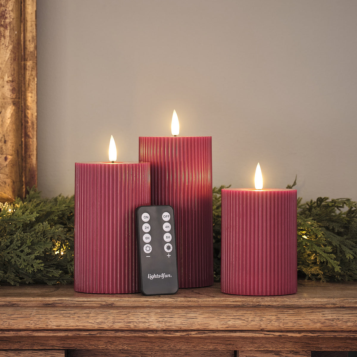 TruGlow® Plum Ribbed LED Pillar Candle Trio with Remote Control