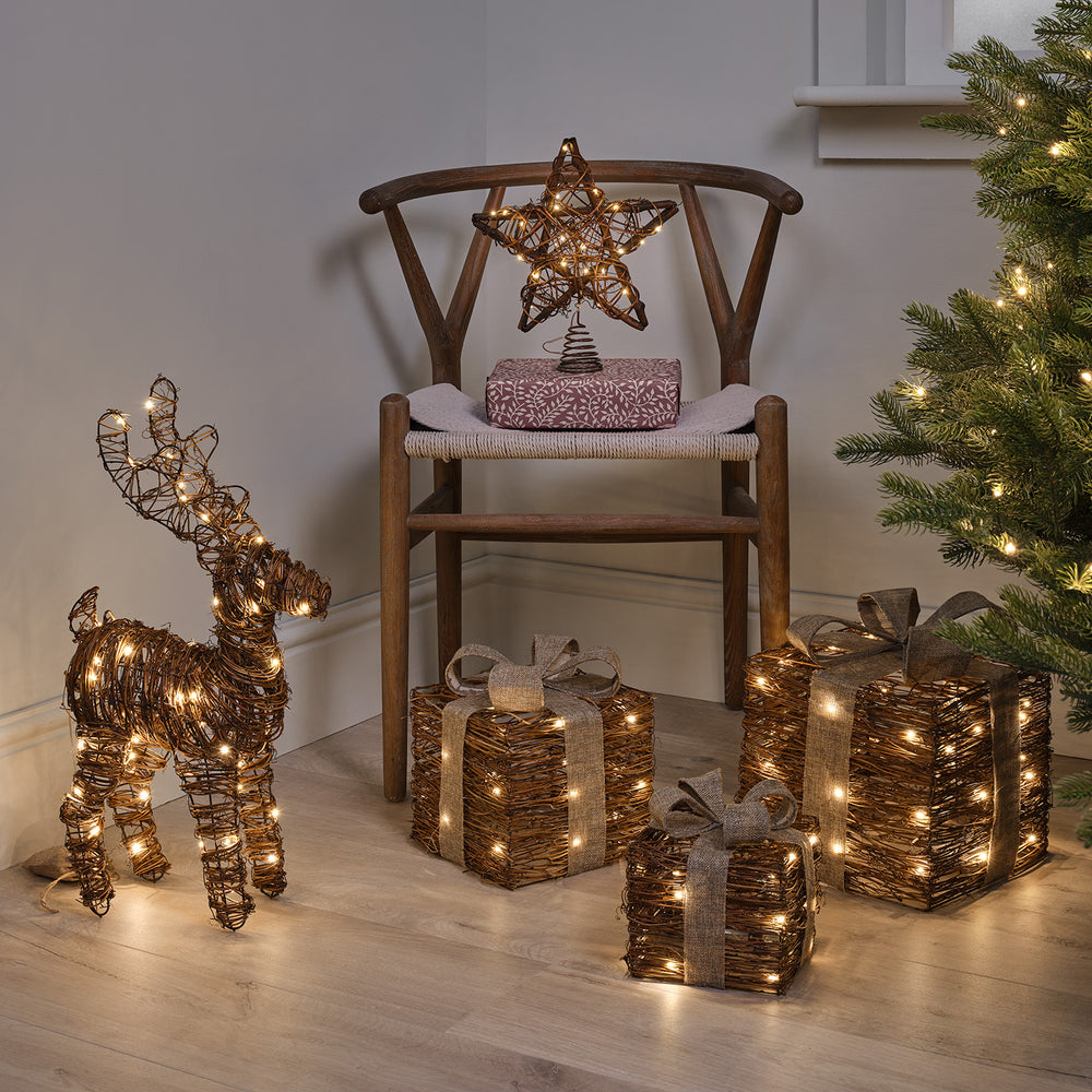 Rattan Battery Light Up Reindeer, Star Topper & Presents Bundle