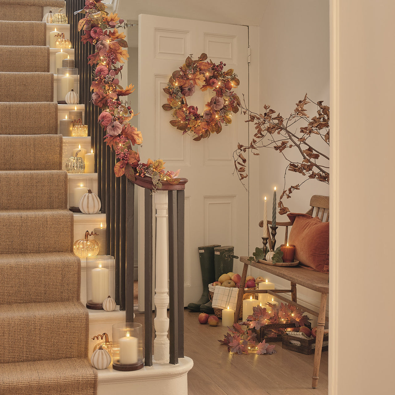 40cm Pre Lit Luxury Velvet Pumpkin Meadow Wreath