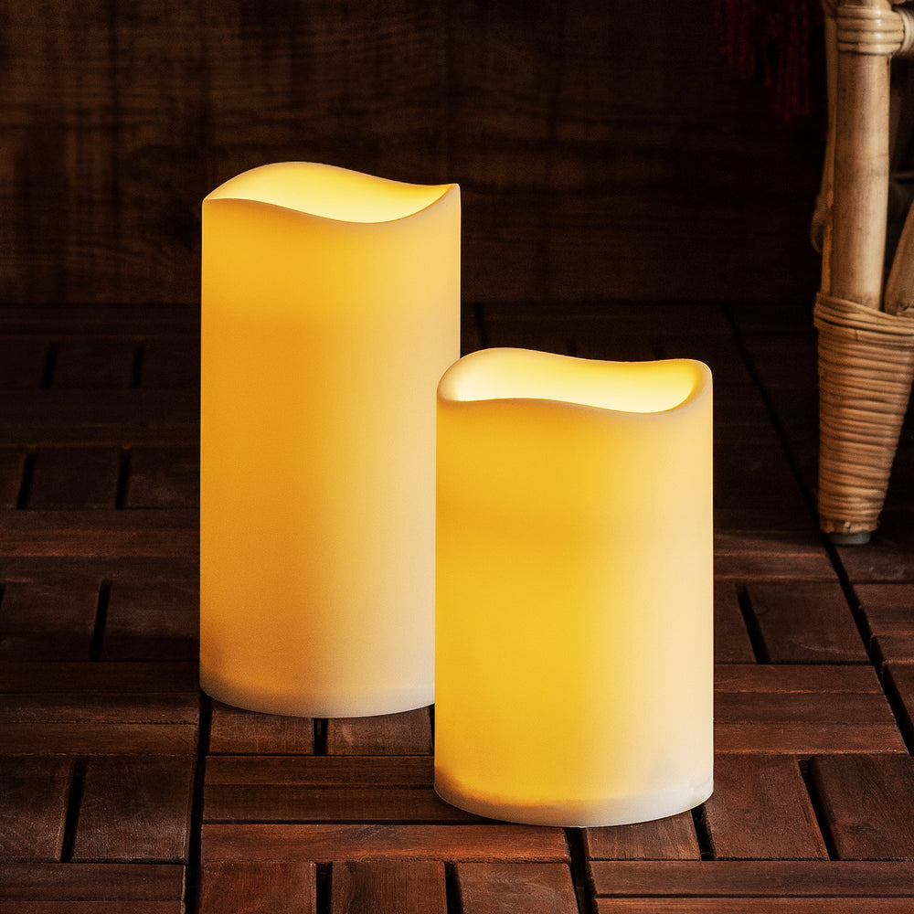 Set of 2 Large Outdoor Waterproof Flameless LED Pillar Candles Battery Operated with Timer