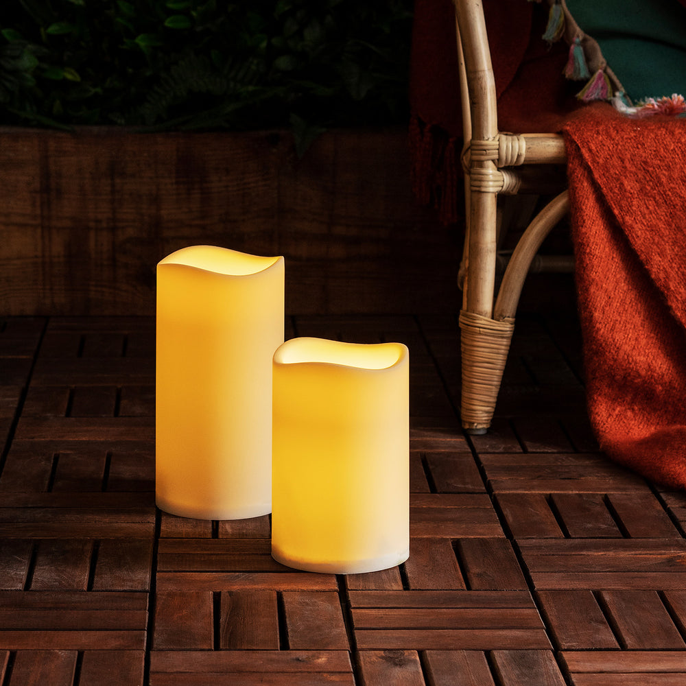 Set of 2 Large Outdoor Waterproof Flameless LED Pillar Candles Battery Operated with Timer