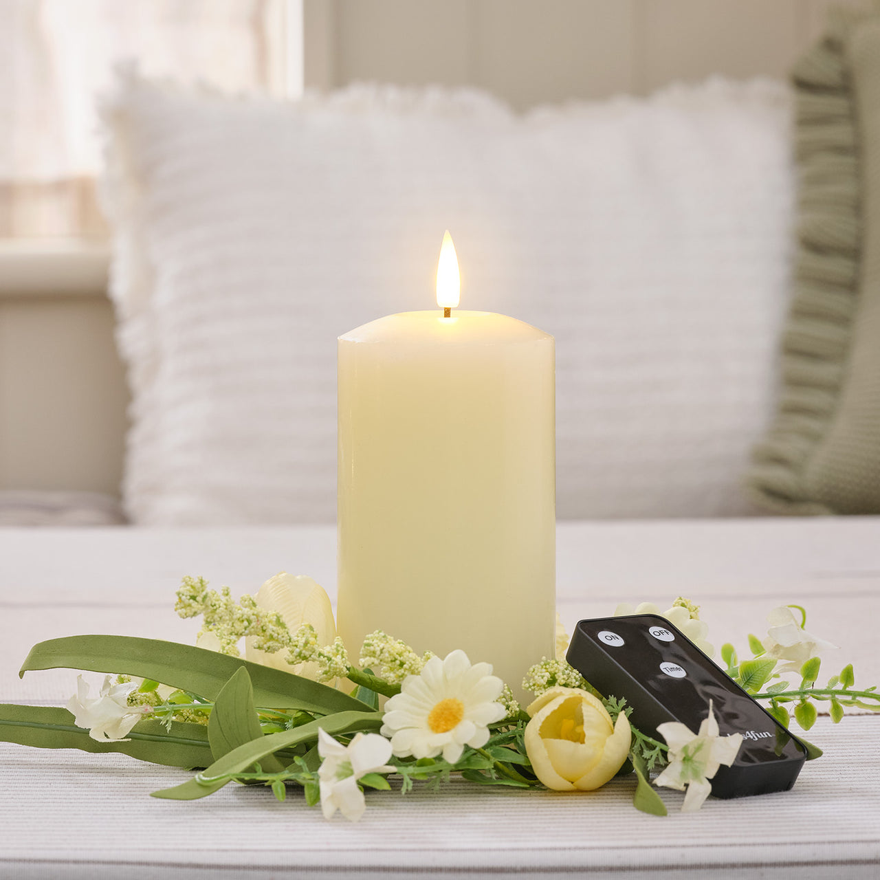 Butter Yellow Tulip & Daisy Wreath Candle Ring with 15cm TruGlow® LED Pillar Candle Bundle