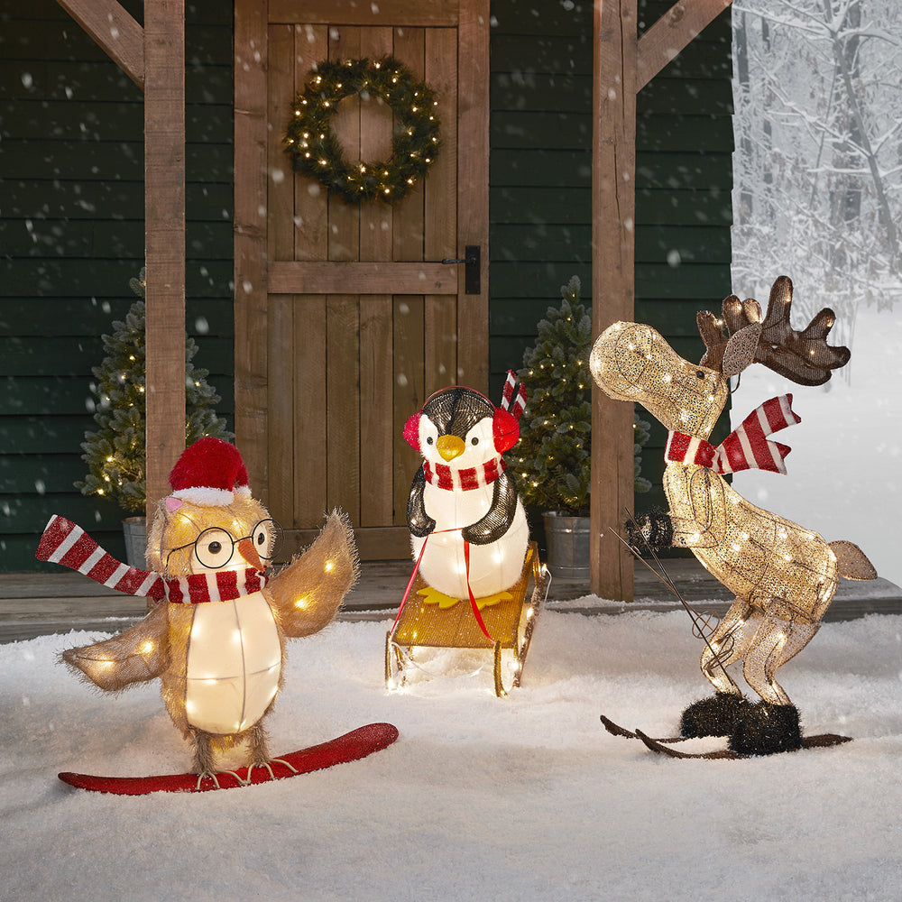 Sledging Penguin, Snowboarding Owl & Skiing Moose Christmas Figures