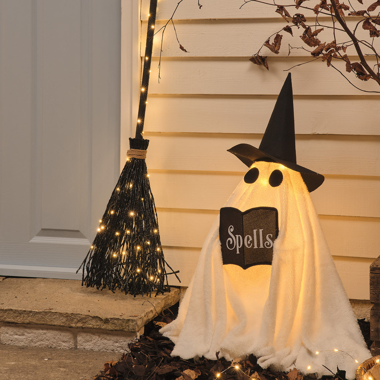 Wanda the Witch Ghost & Black Witches Broom Outdoor LED Halloween Decorations