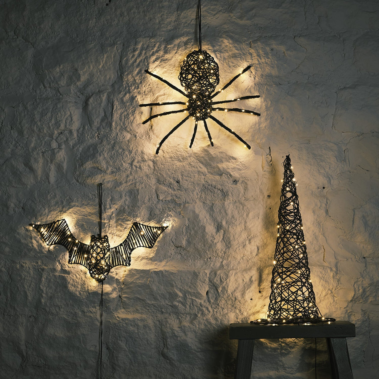 Rattan Spider, Bat Witches' Hat LED Halloween Figures Bundle