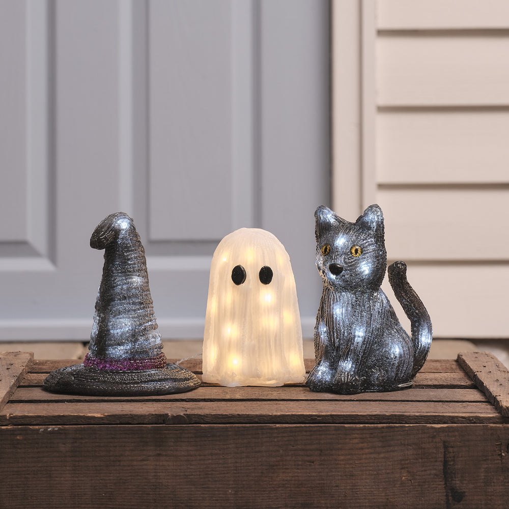 Witches Hat & Jet the Black Cat LED 3D Acrylic Figures & Mini Ghost Halloween Decoration