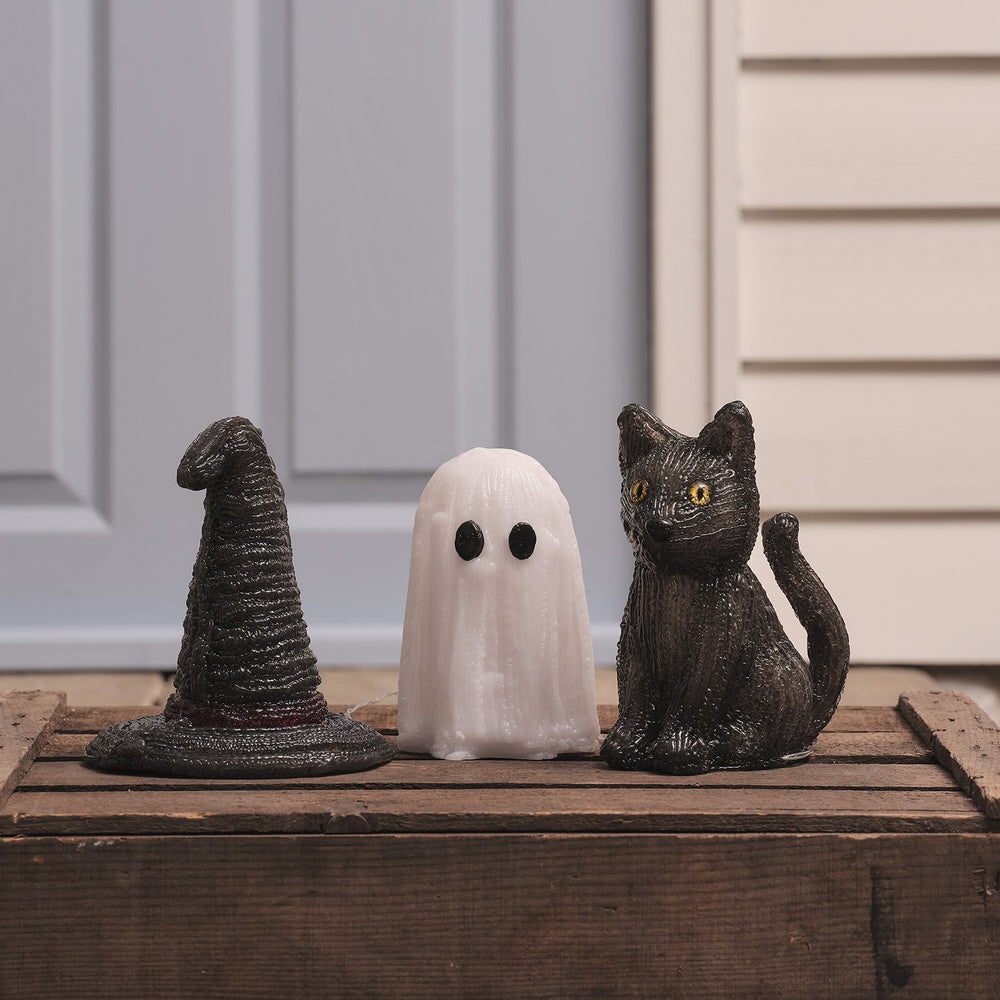 Witches Hat & Jet the Black Cat LED 3D Acrylic Figures & Mini Ghost Halloween Decoration