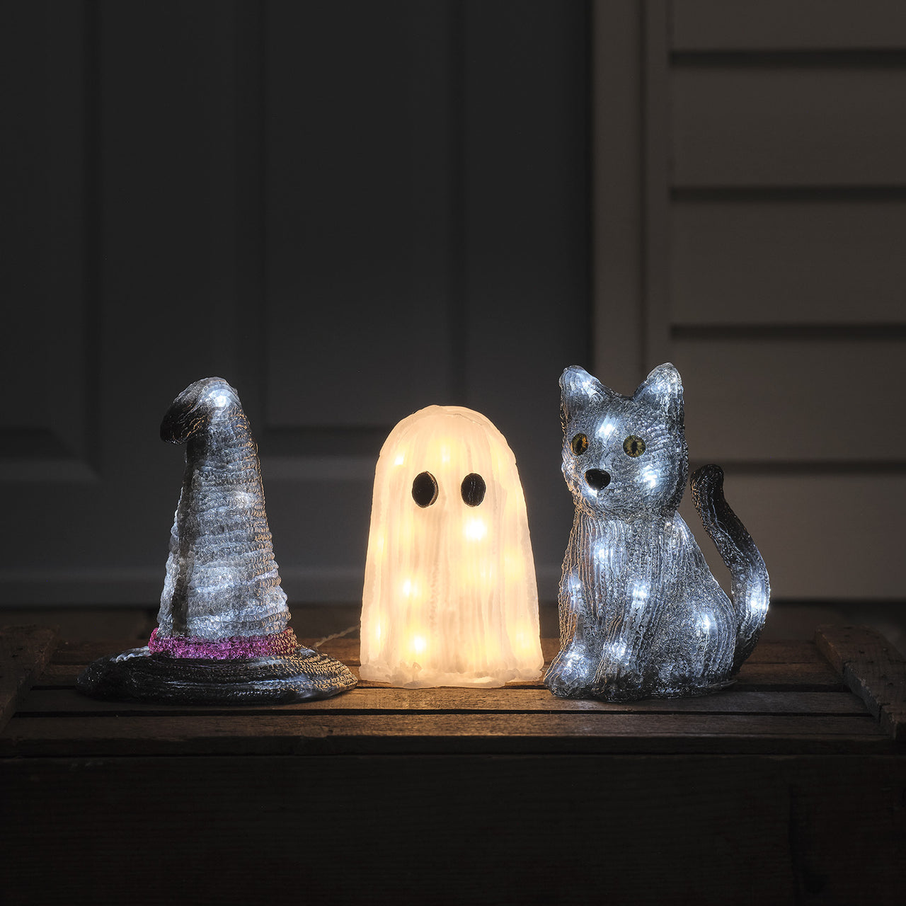Witches Hat & Jet the Black Cat LED 3D Acrylic Figures & Mini Ghost Halloween Decoration