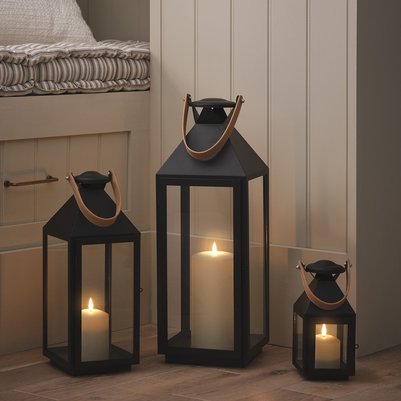Brixham Leather Handle Lantern Trio with TruGlow® Candles