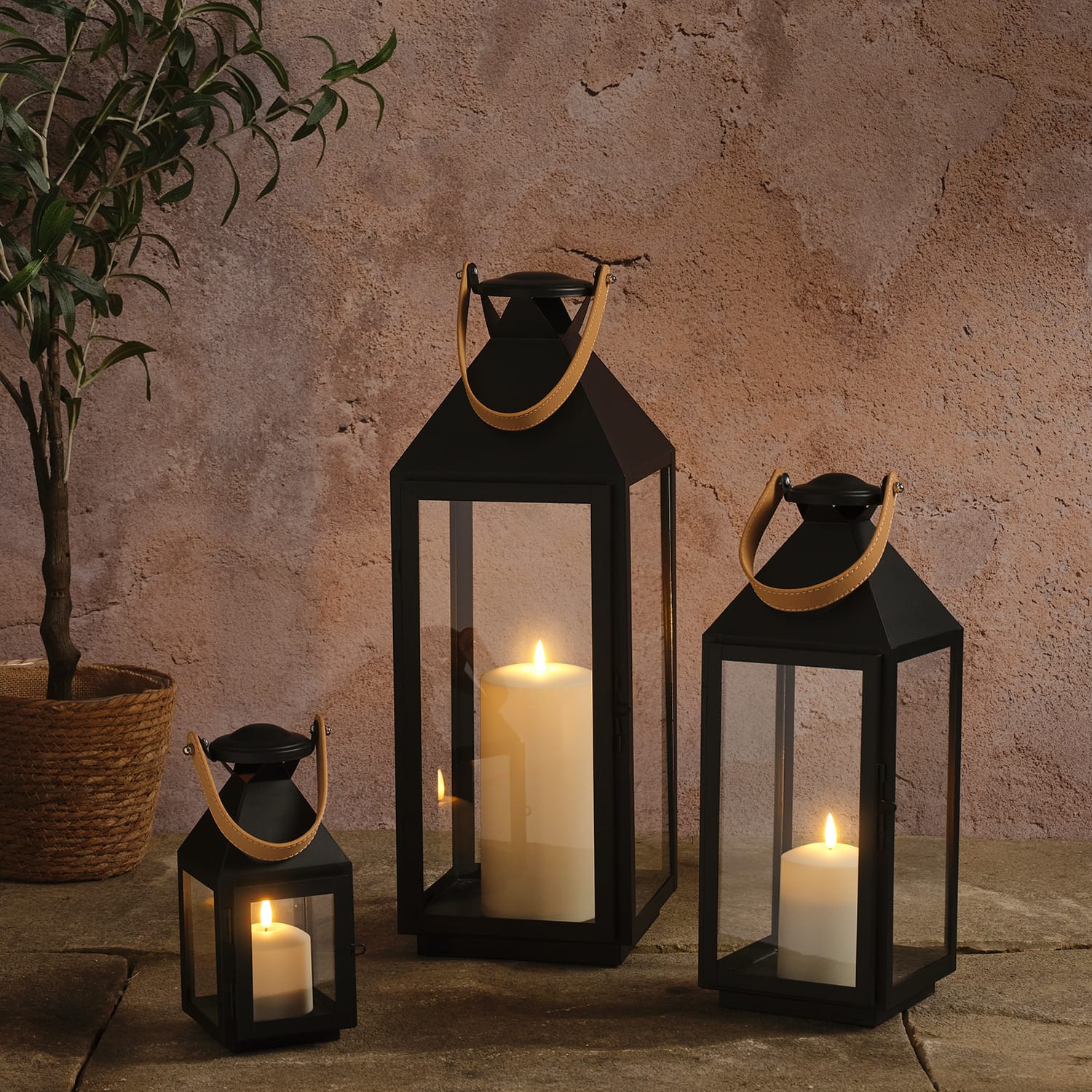Brixham Leather Handle Lantern Trio with TruGlow® Candles