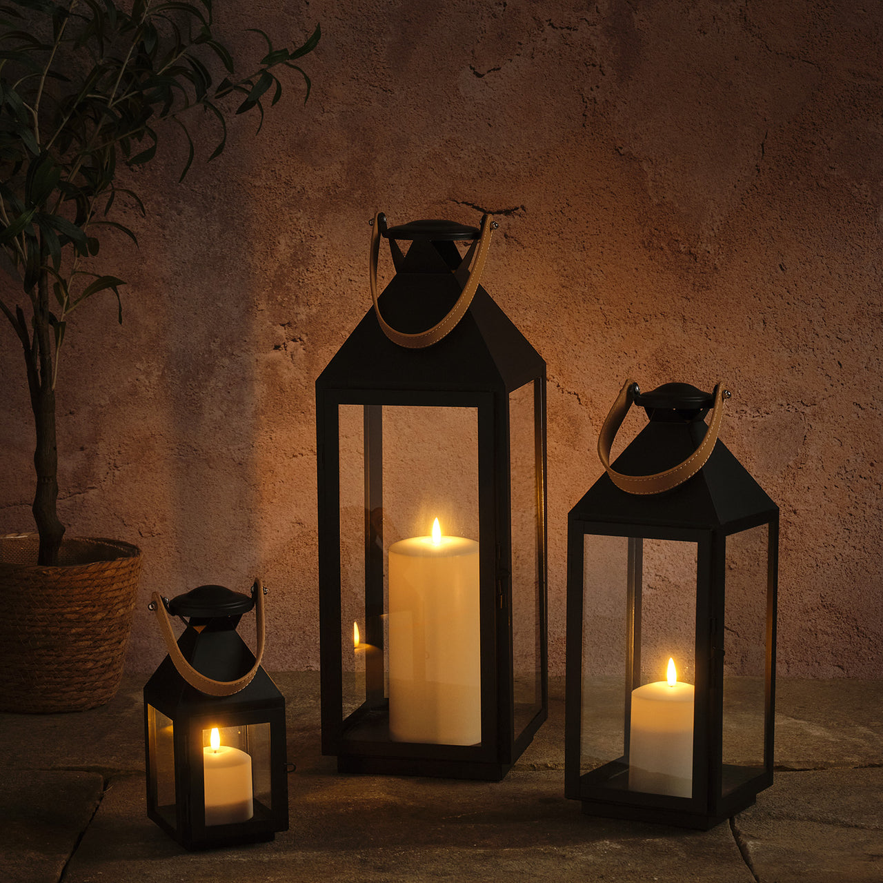 Black Metal Lantern LED Candles - Leather Handles