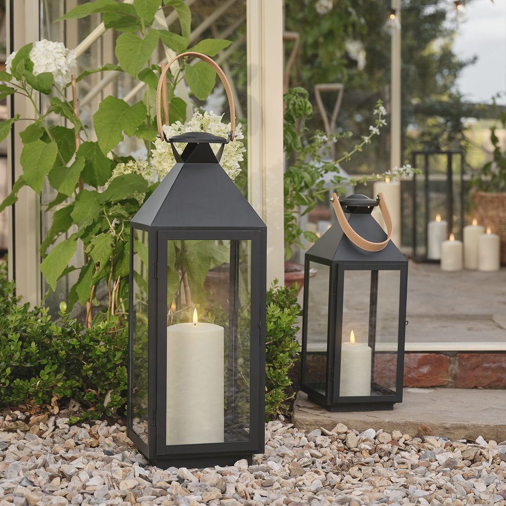 Regular & Large Black Metal Lantern Bundle - Leather Handles