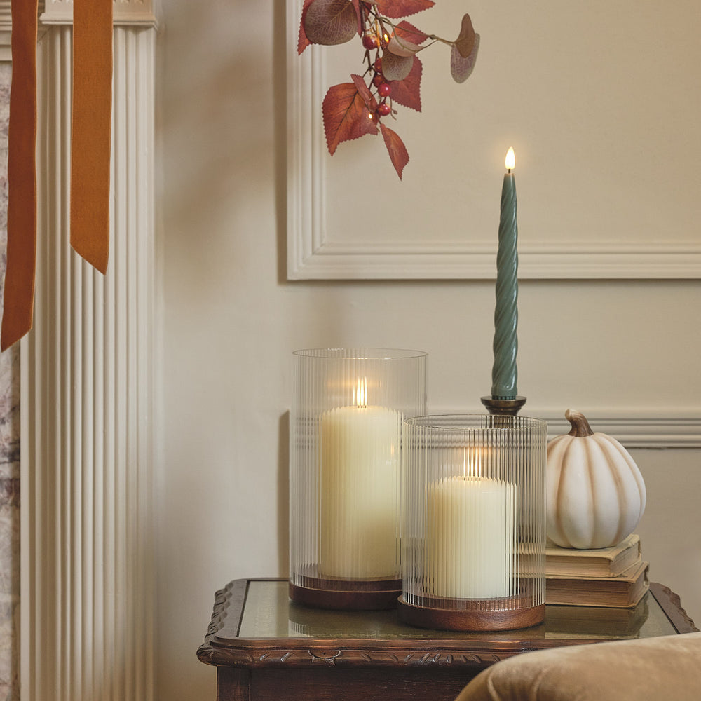 Large TruGlow® LED Candle and Fluted Glass Hurricane Candle Holder with Remote Control