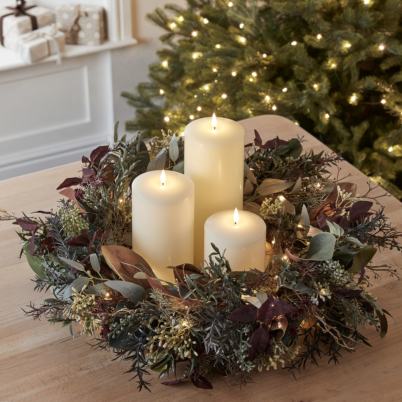 60cm Pre Lit Autumn & Christmas Wreath & TruGlow® LED Candle Bundle