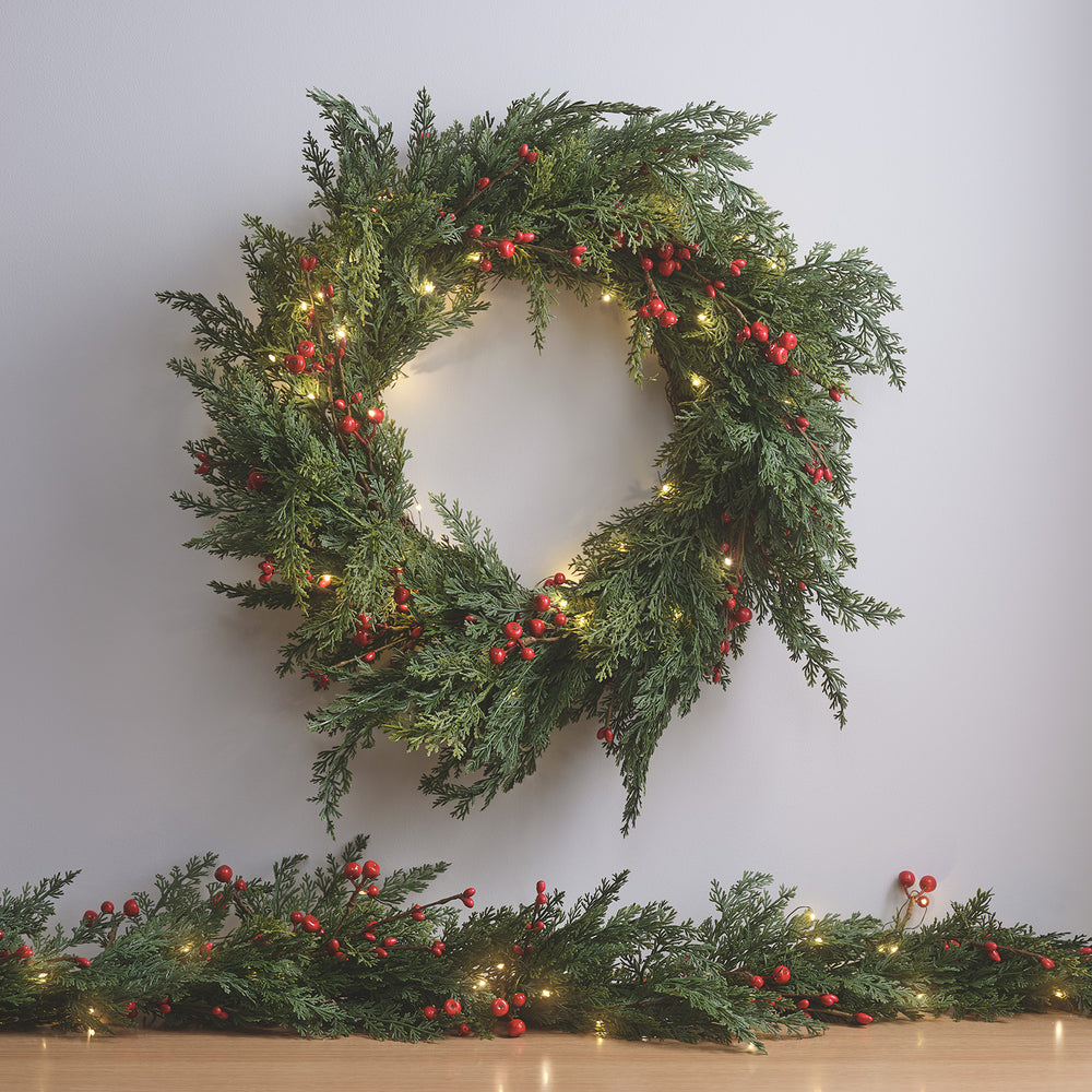 Pre Lit Red Berry Christmas Wreath & Garland