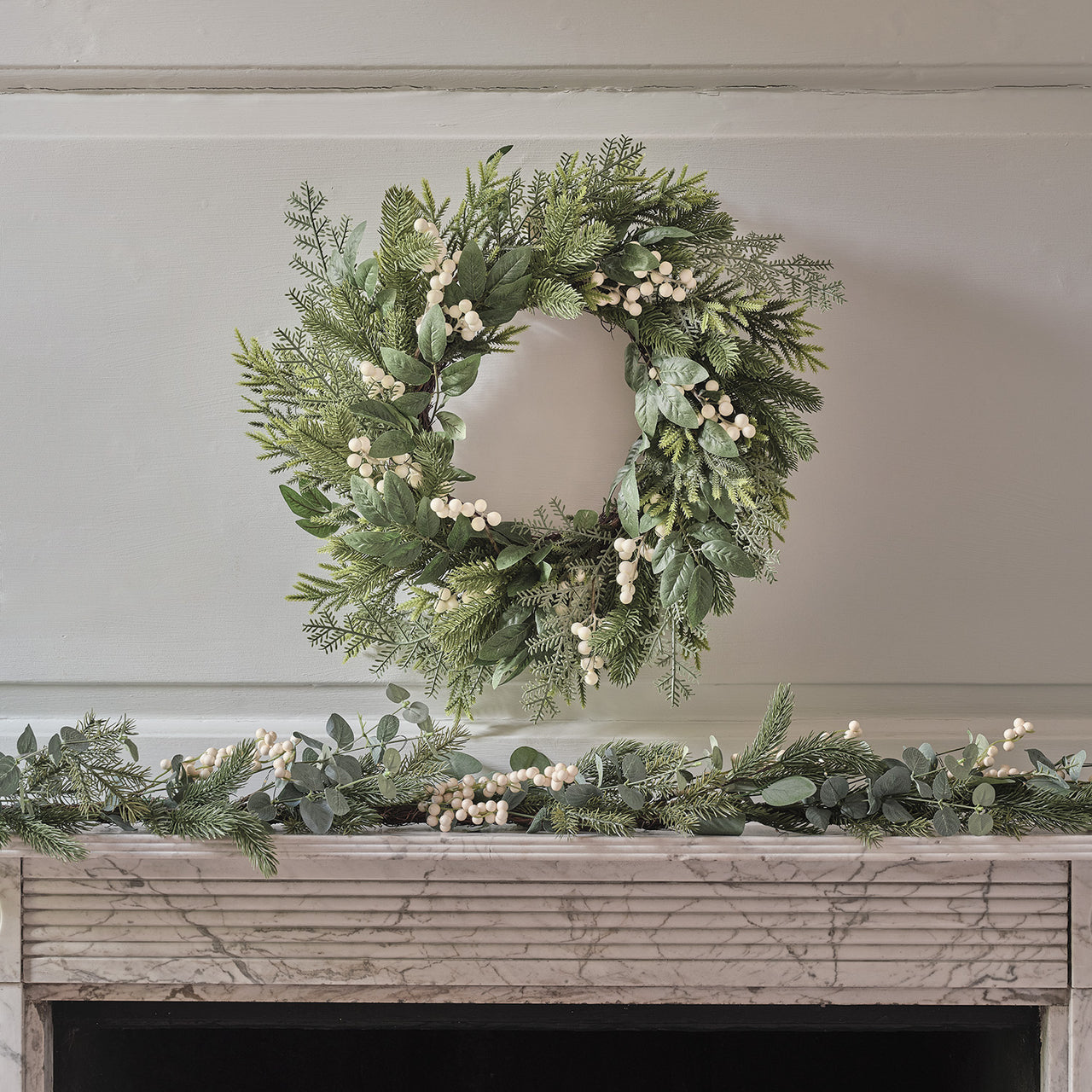 Pre Lit Eucalyptus and White Berry Christmas Wreath & Garland