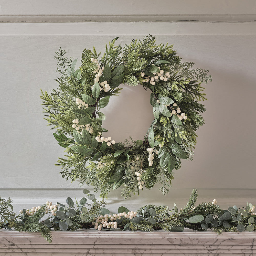 Pre Lit Eucalyptus and White Berry Christmas Wreath & Garland