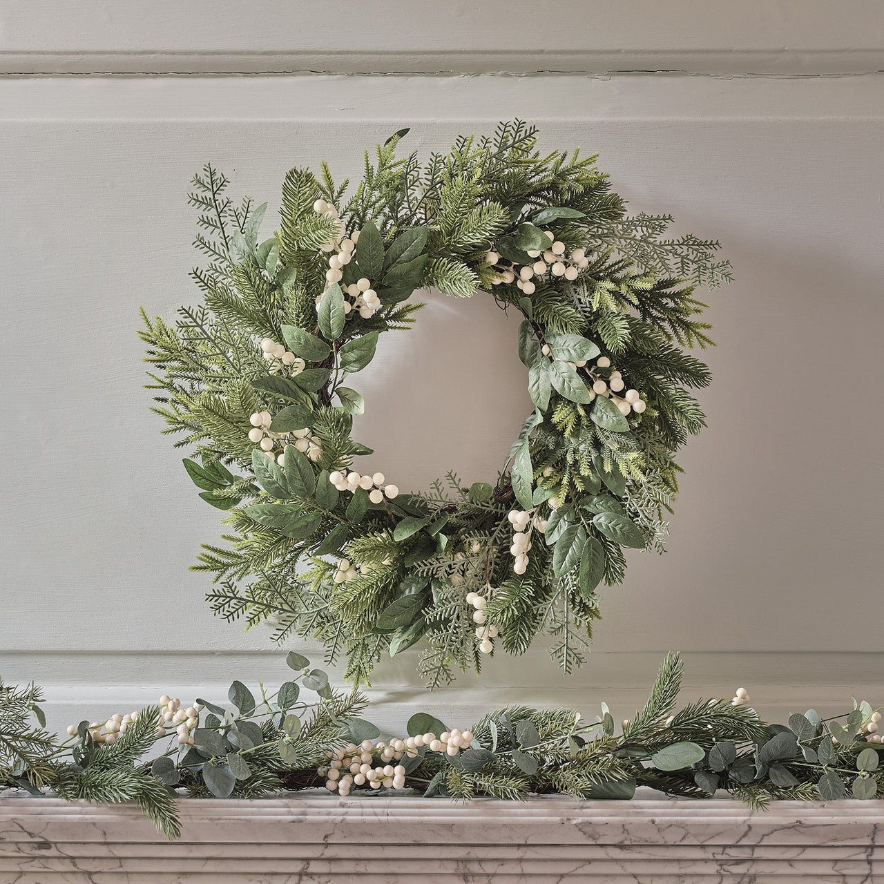 Pre Lit Eucalyptus and White Berry Christmas Wreath & Garland