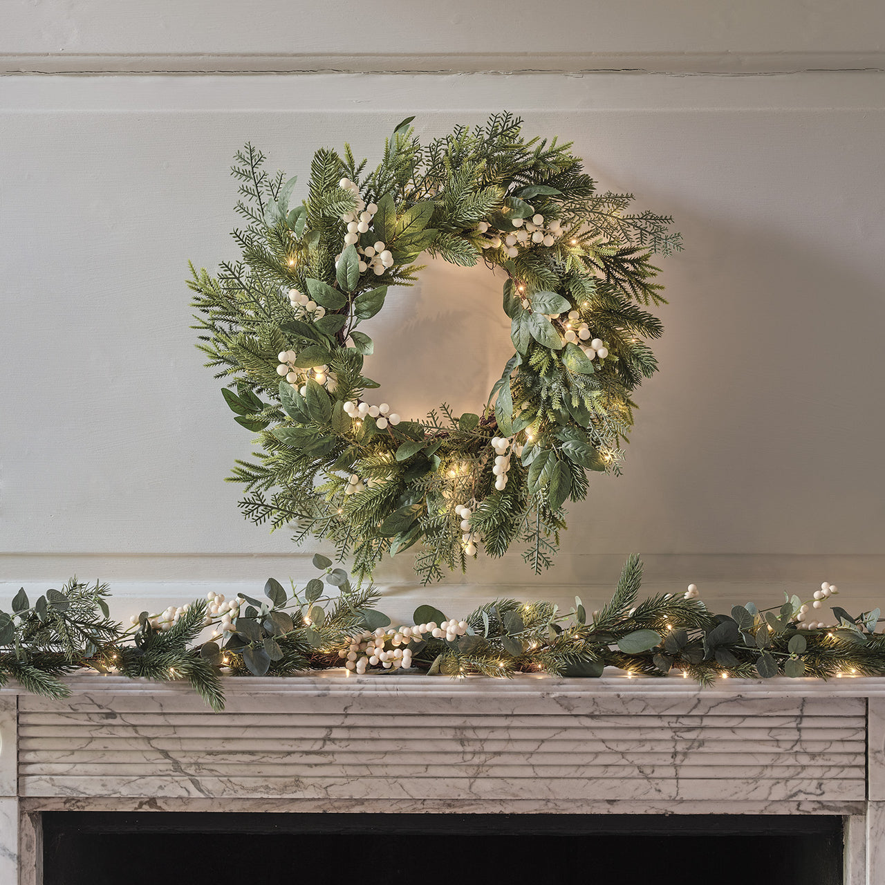 Pre Lit Eucalyptus and White Berry Christmas Wreath & Garland