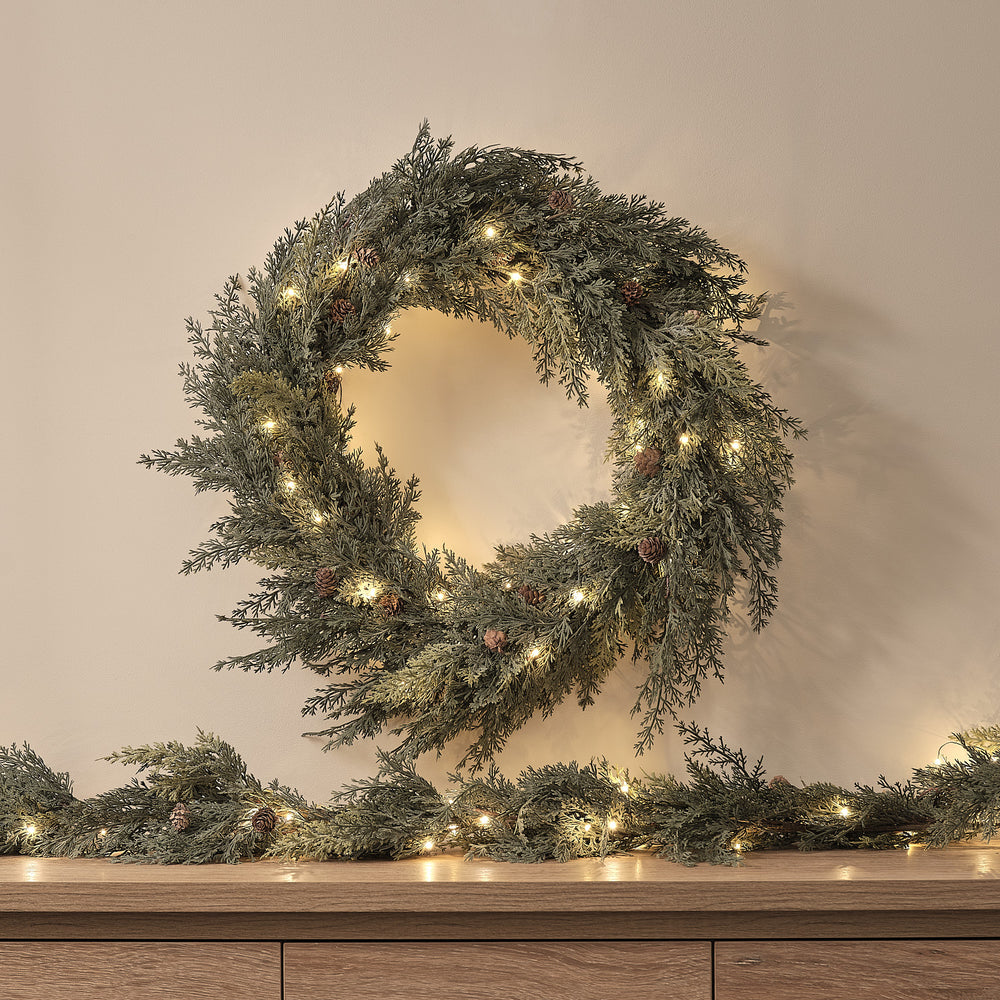 Pre Lit Christmas Conifer and Pinecone Outdoor Wreath & Garland