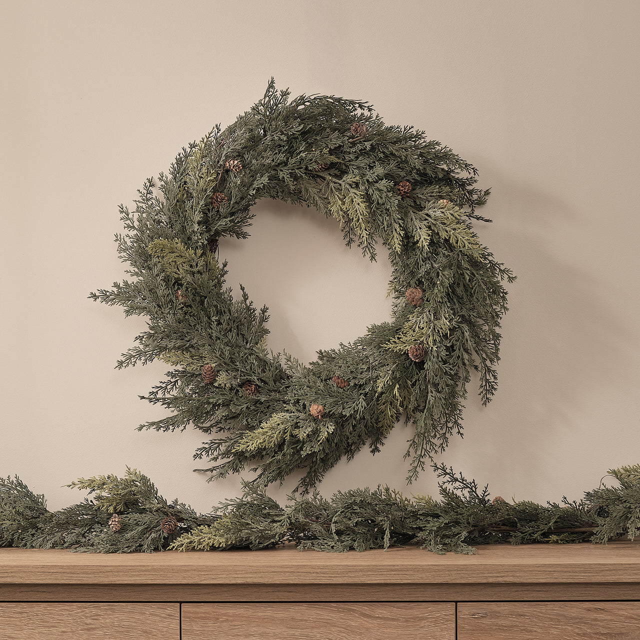 Pre Lit Christmas Conifer and Pinecone Outdoor Wreath & Garland