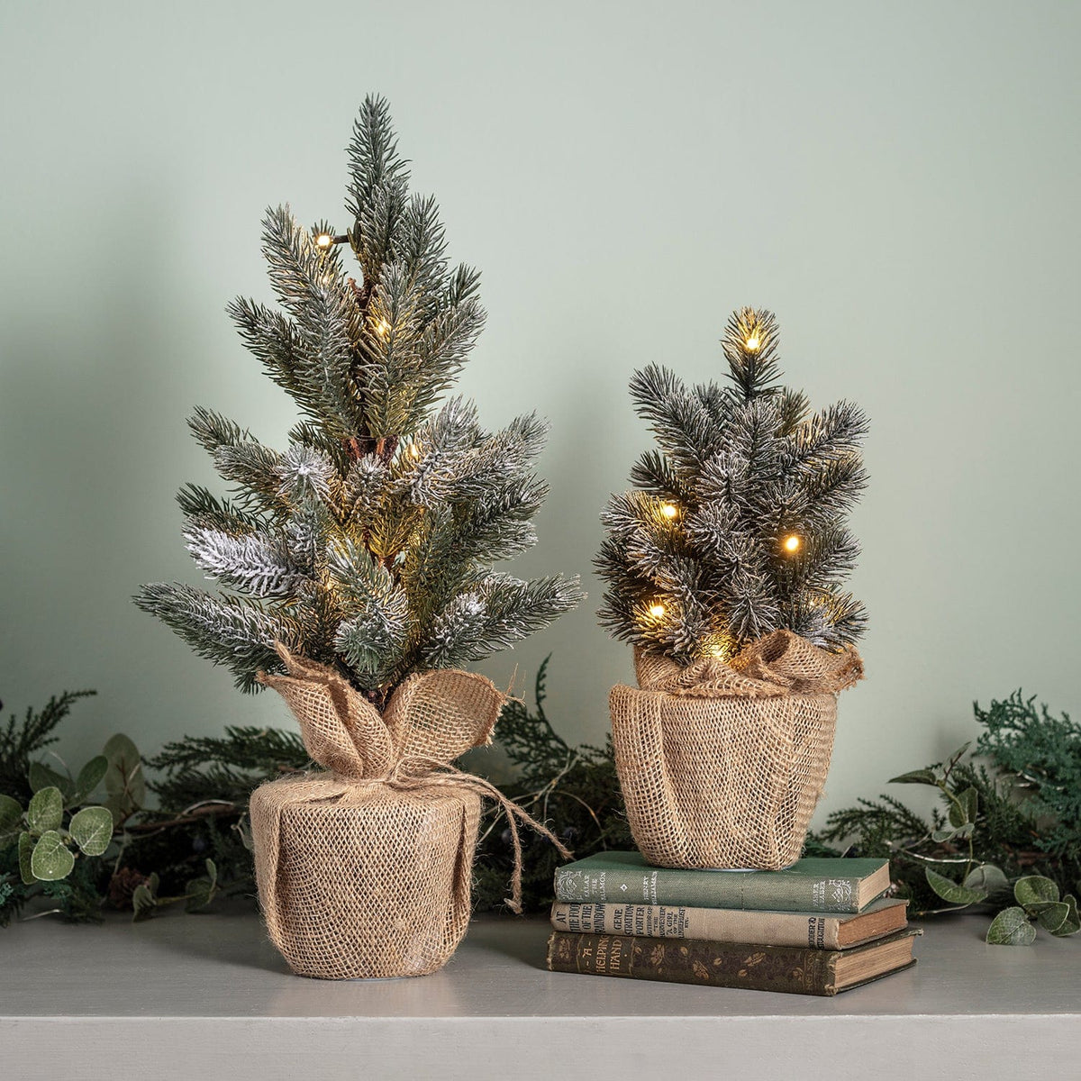Set of 2 Pre Lit Frosted Mini Christmas Tree