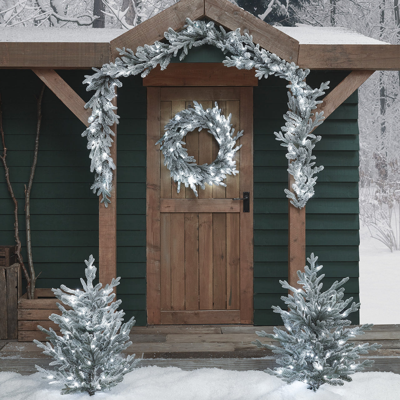 Pre Lit Outdoor Snowy Christmas Wreath, Garland and Trees