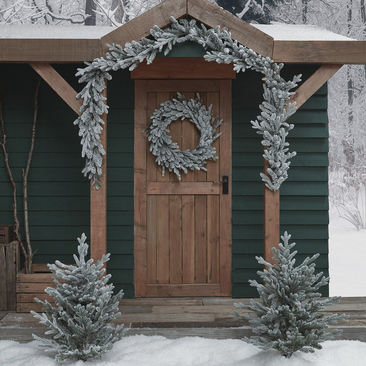 Pre Lit Outdoor Snowy Christmas Wreath, Garland and Trees