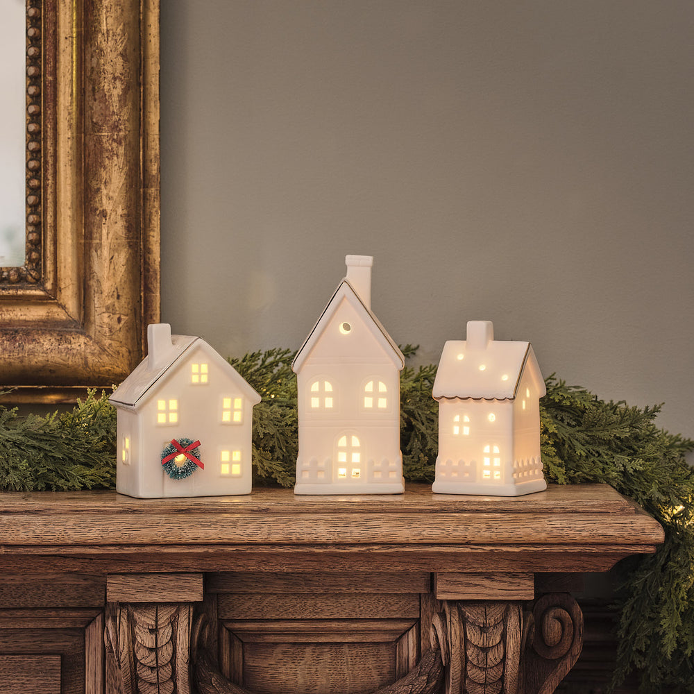 Set of 3 White Light Up Houses