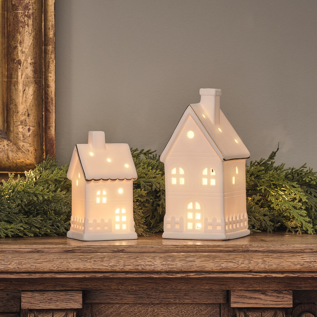 Set of 2 White Ceramic Light Up Houses