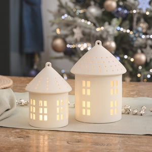 White Porcelain Light Up Hut Duo