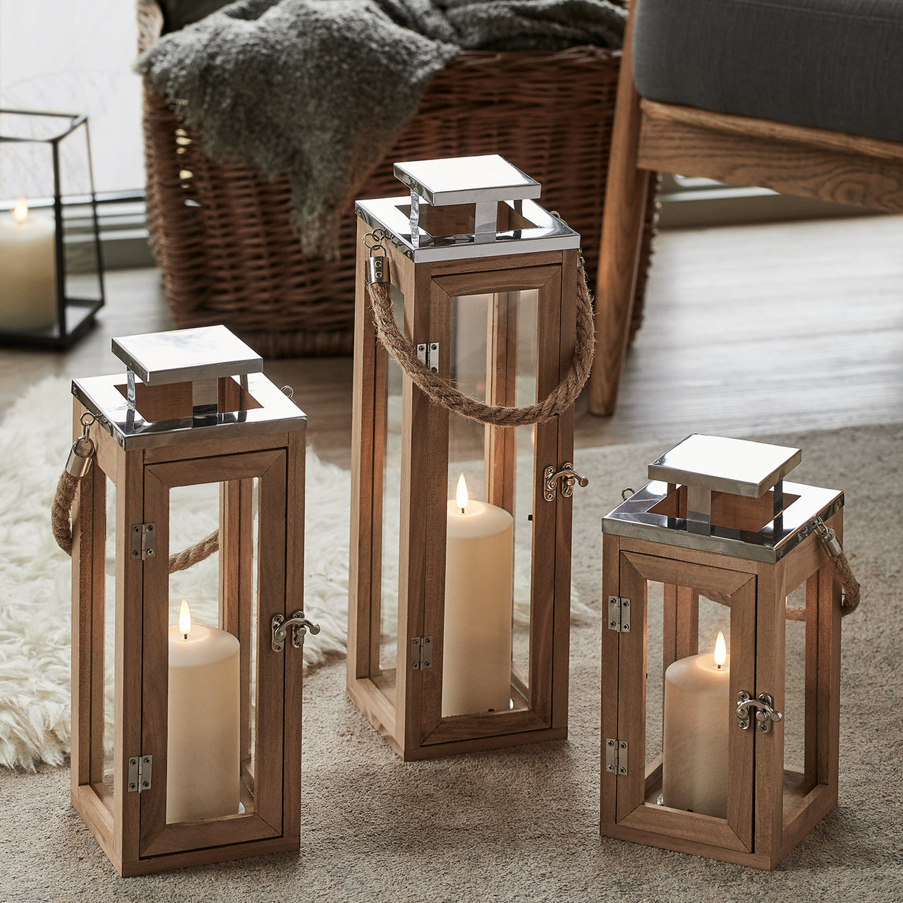 Salcombe Wooden Lantern Trio with TruGlow® LED Candles
