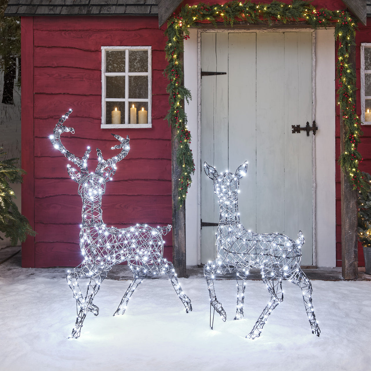 Solar Powered  Studley Stag & Doe Dual Colour LED Light Up Reindeer Duo