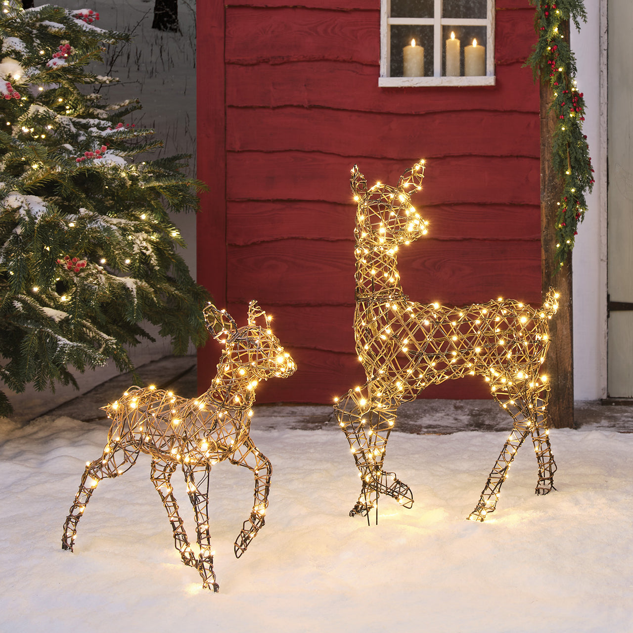 Dual LED Studley Doe & Fawn Light Up Reindeer Duo