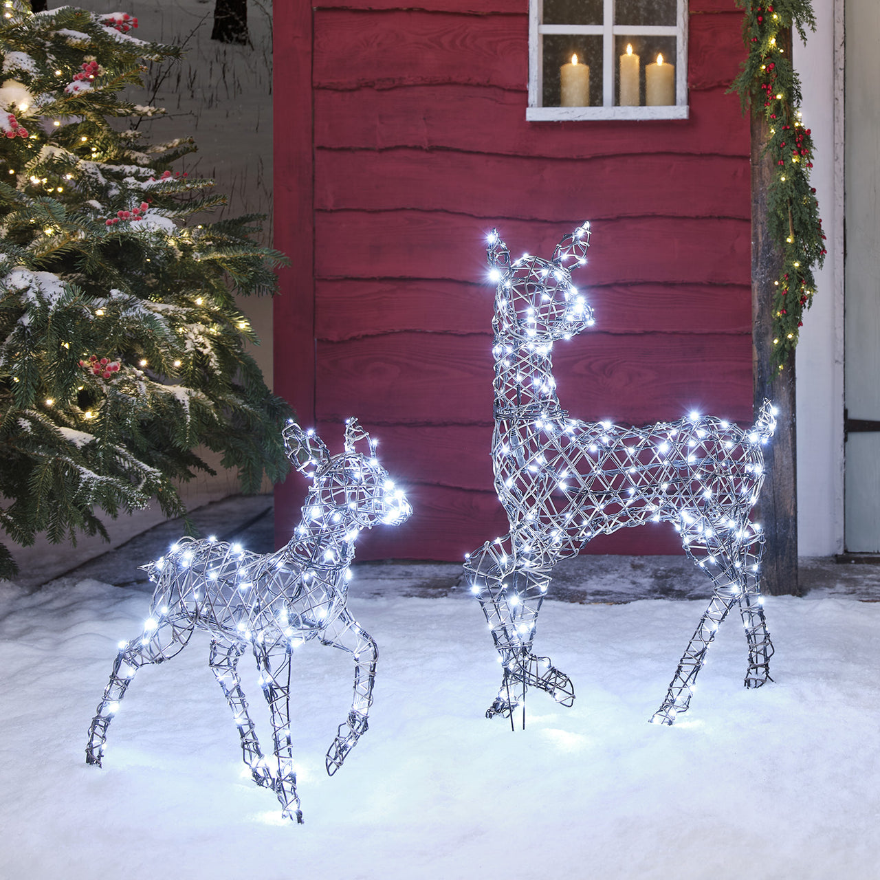 Dual LED Studley Doe & Fawn Light Up Reindeer Duo