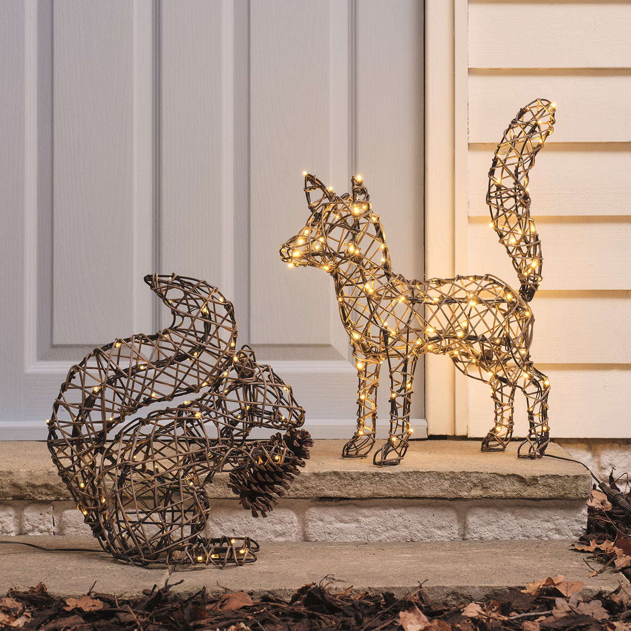 Sherwood Rattan LED Light Up Fox & Squirrel Figures
