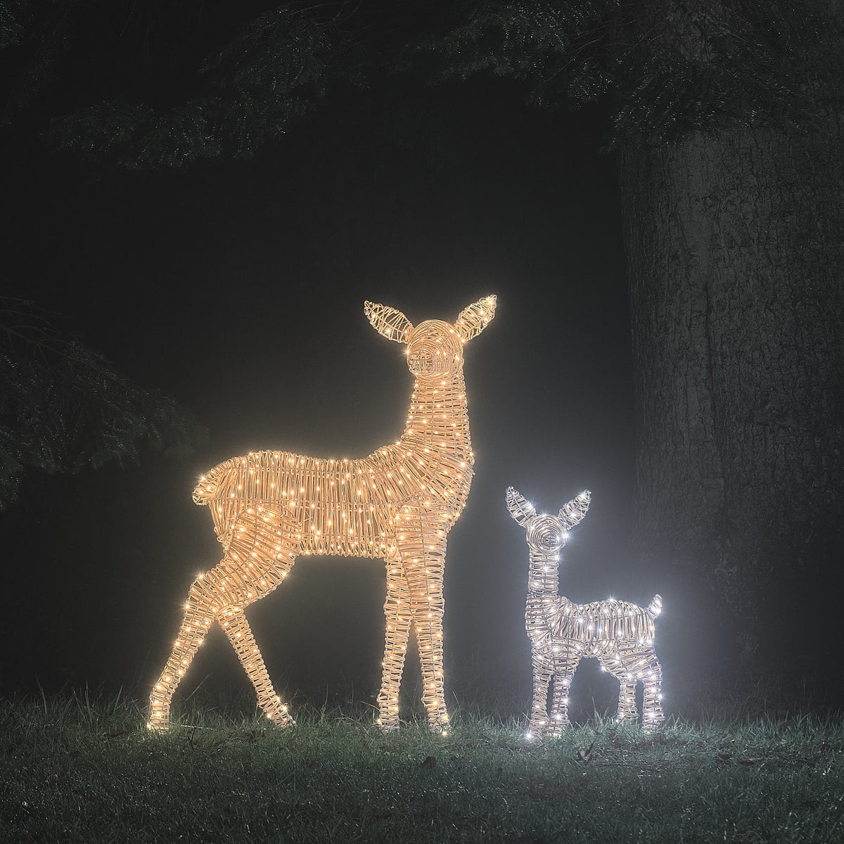 Leyburn Dual LED Rattan XL Doe & Small Fawn Light Up Reindeer Duo