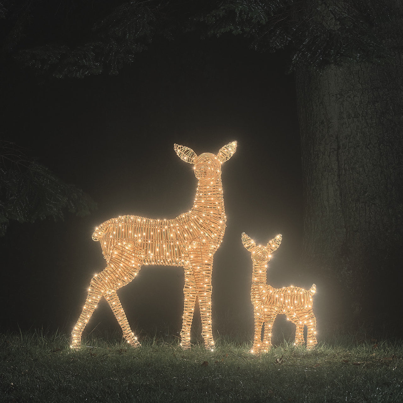 Leyburn Dual LED Rattan XL Doe & Small Fawn Light Up Reindeer Duo