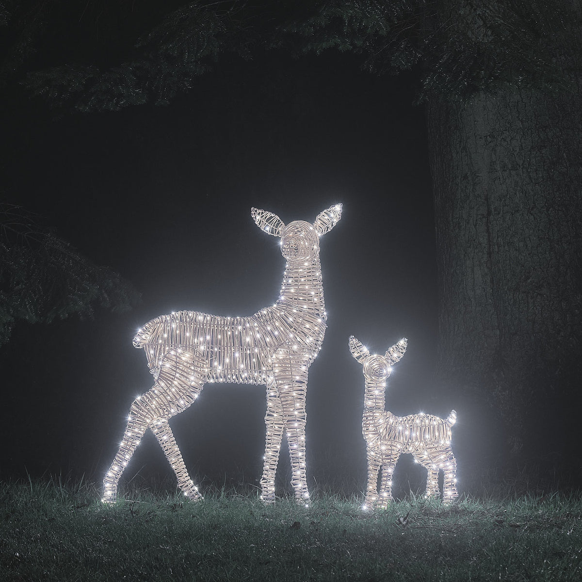 Leyburn Dual LED Rattan XL Doe & Small Fawn Light Up Reindeer Duo