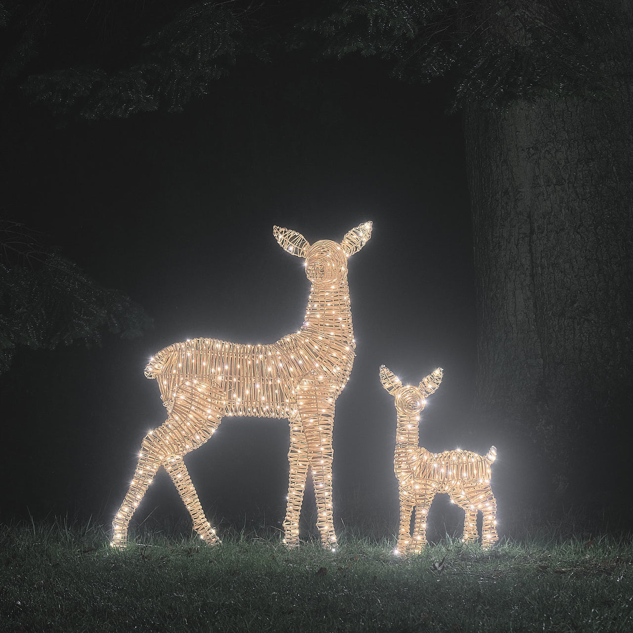 Leyburn Dual LED Rattan XL Doe & Small Fawn Light Up Reindeer Duo