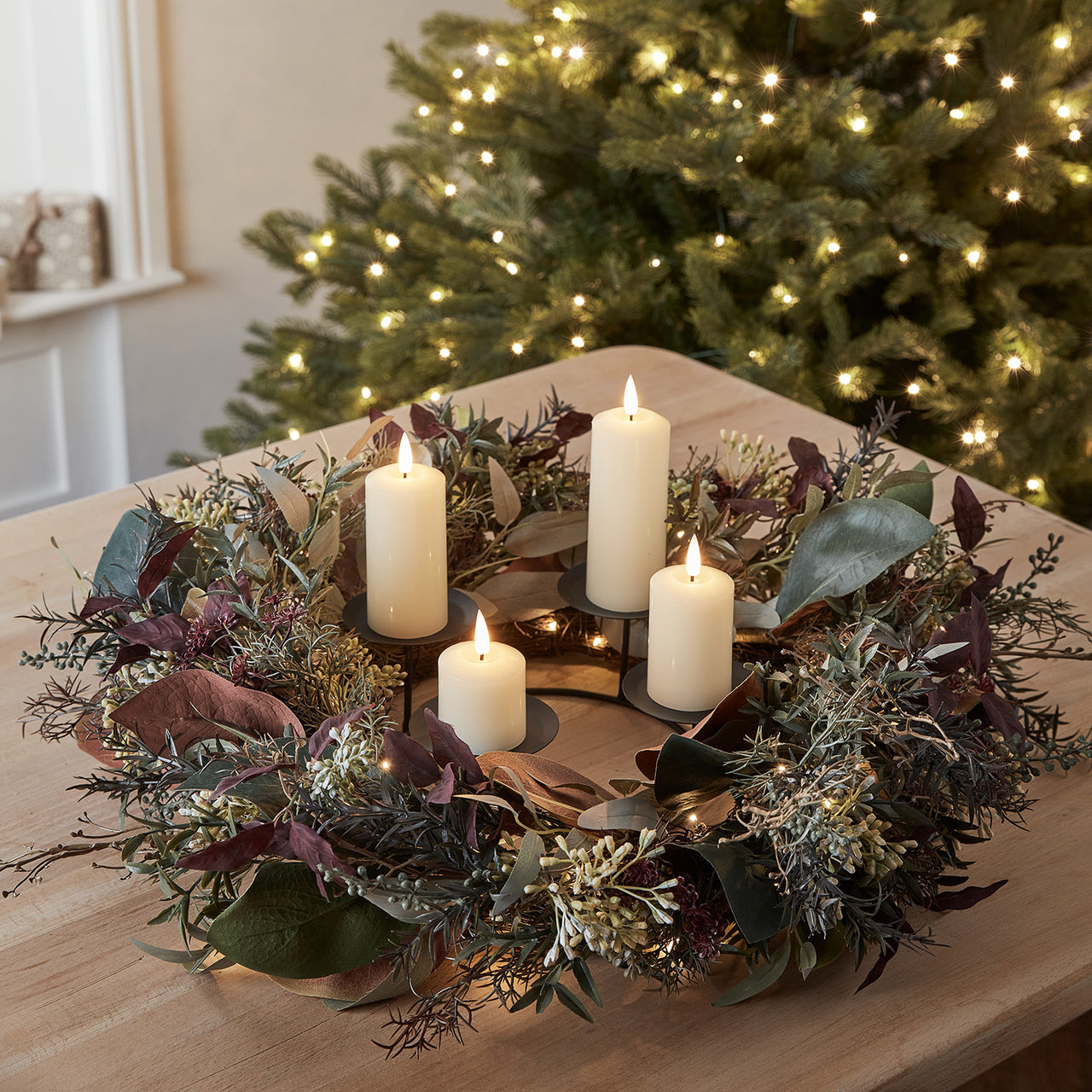 60cm Pre Lit Autumn & Christmas Wreath & Slim TruGlow® LED Candle Decoration